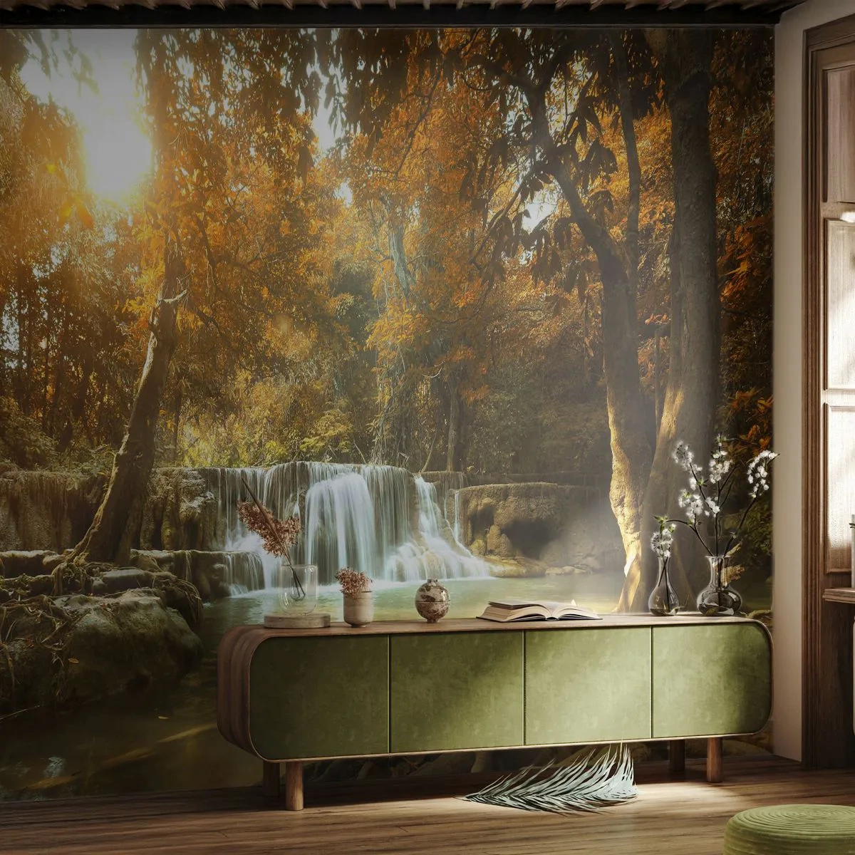 Tapet Standard Eco - Cascadă în parc - Peisaj, Cascadă, pădure - 400x280 cm