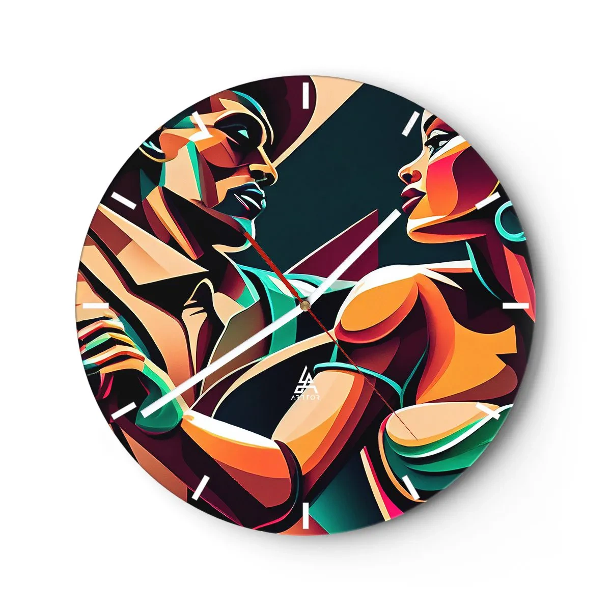 Ceas de perete - Ceas pe sticlă - Un cuplu de dansatori stilizat, reprezentat în culori intense. - 30x30cm - În ritmul inimii - Decorațiune modernă pentru perete pentru living, bucătărie și dormitor ARTTOR