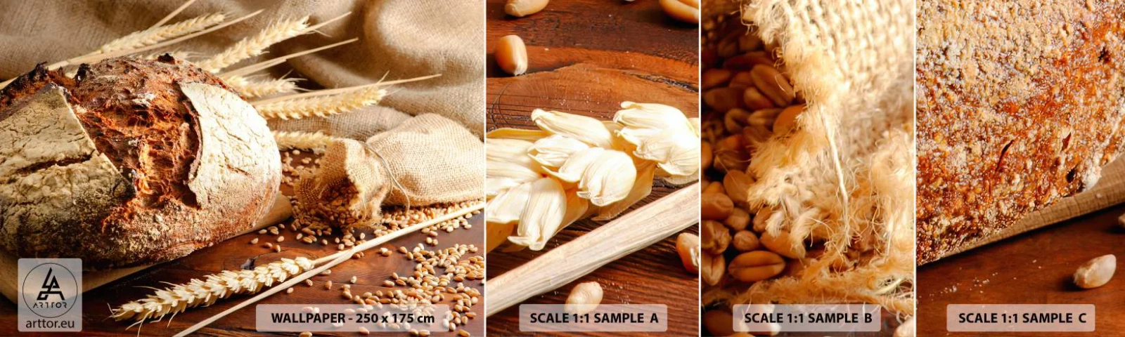 Mostră tapet autocolant Deluxe Sticker - Apetisantă, parfumată, crocantă - Pâine, Boabe de grâu, Gastronomie - 100x30 cm