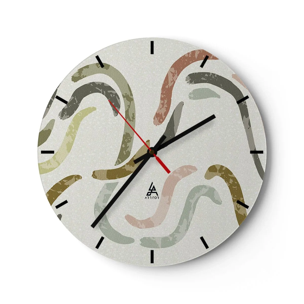 Ceas de perete - Ceas pe sticlă - Pensule organice în tonuri pământii - 30x30cm - Dansul vesel al abstracției - Decorațiune modernă pentru perete pentru living, bucătărie și dormitor ARTTOR