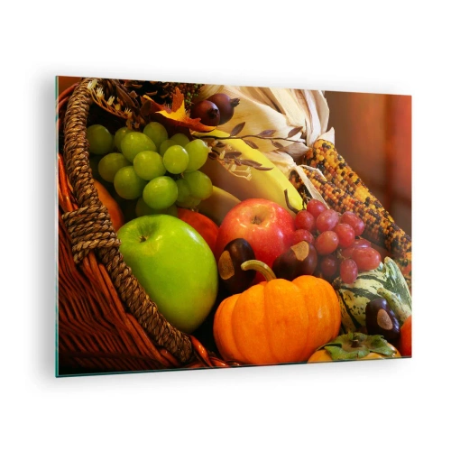 Tablou pe sticlă - Un coș plin cu fructe și legume într-un aranjament de toamnă - 70x50cm - Coșul de recoltă - Decorațiune modernă pentru perete pentru living și dormitor ARTTOR