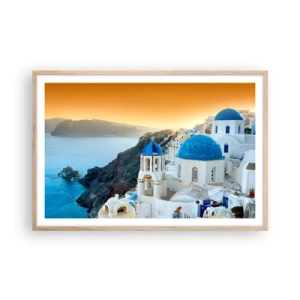 Poster în ramă de stejar deschis - Santorini - îmbrățișat de stânci - 91x61 cm