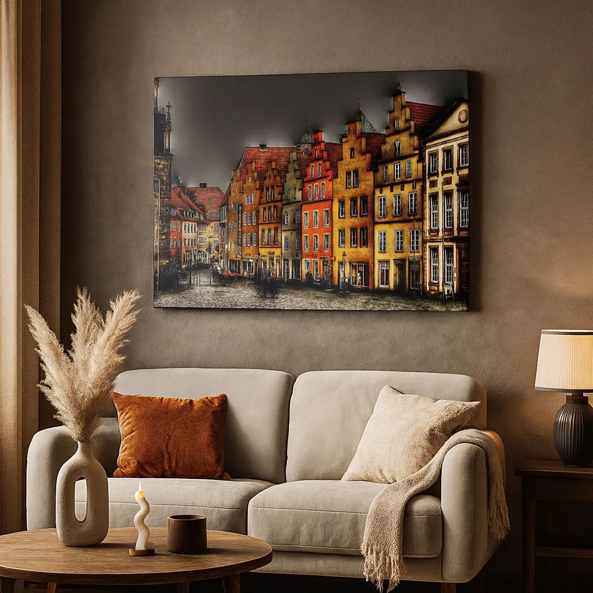 Tablou pe pânză Canvas - Case de locuit colorate pe o stradă pietruită din orașul istoric - 70x50cm - Doar o trăsură fermecată mai lipsește - Decorațiune modernă pentru perete pentru living și dormitor ARTTOR