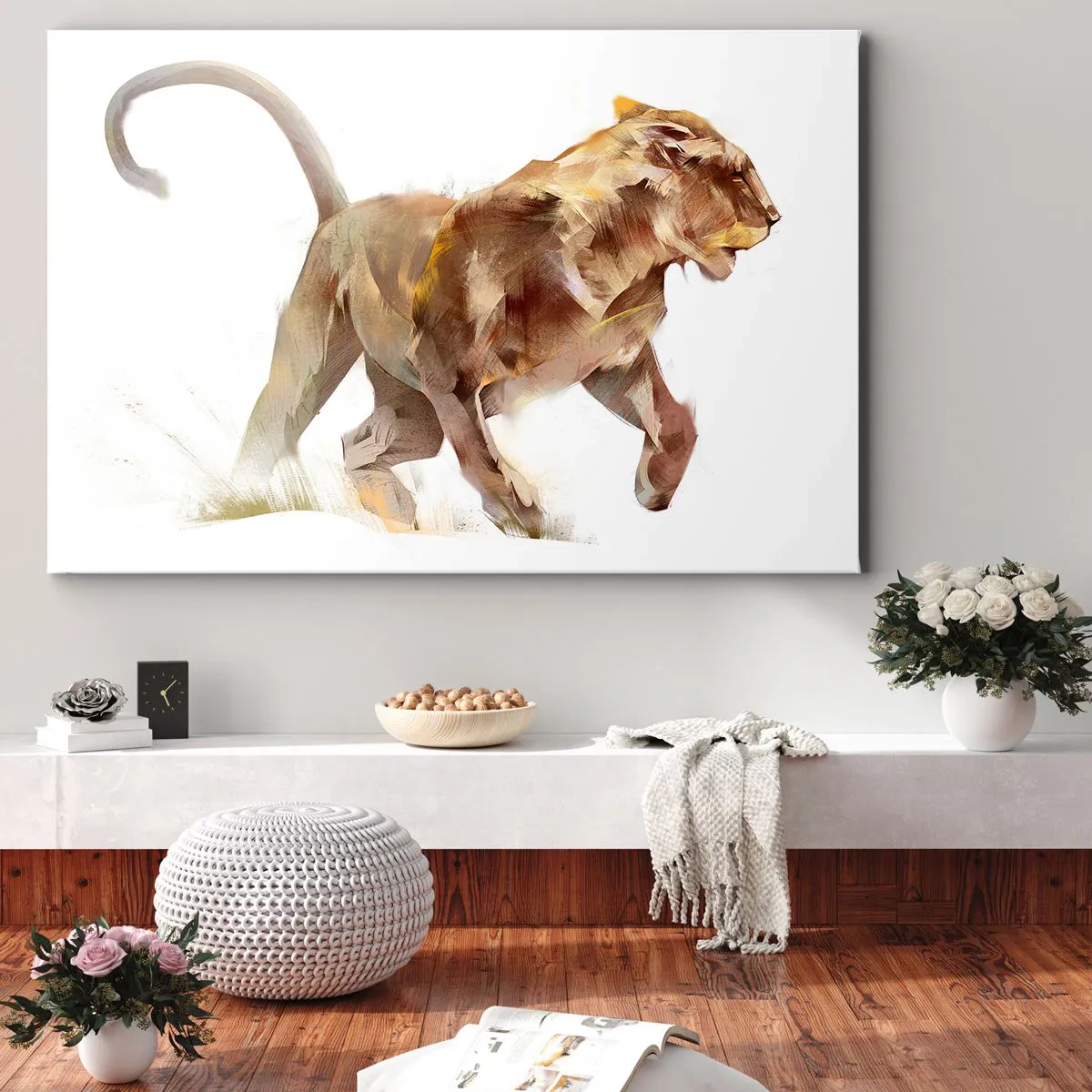 Tablou pe pânză Canvas - O leoaică alergătoare într-o interpretare artistică - 70x50cm - Harul sălbatic - Decorațiune modernă pentru perete pentru living și dormitor ARTTOR