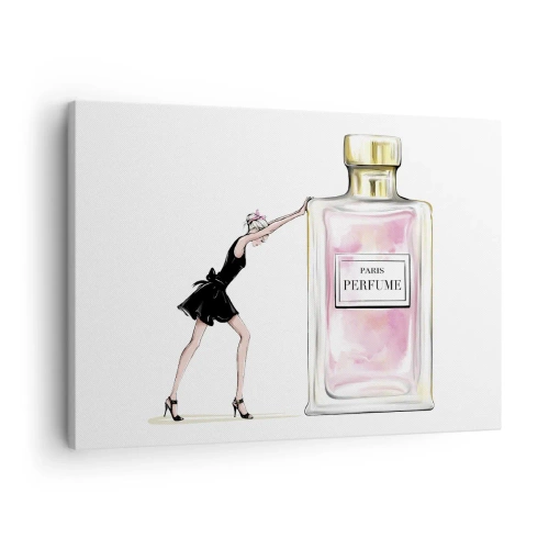 Tablou pe pânză Canvas - O femeie într-o rochie neagră lângă o sticlă de parfum - 70x50cm - Esența feminității - Decorațiune modernă pentru perete pentru living și dormitor ARTTOR