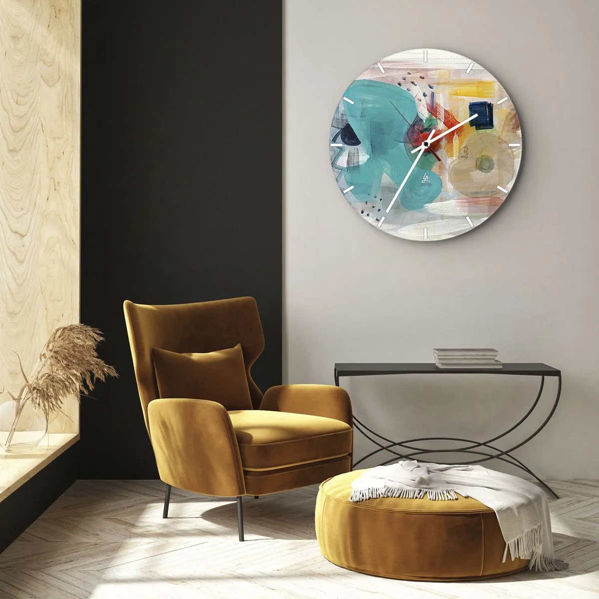 Ceas de perete - Ceas pe sticlă - Pete abstracte de culoare în nuanțe de turcoaz, roșu și galben - 30x30cm - Joc plin de culoare - Decorațiune modernă pentru perete pentru living, bucătărie și dormitor ARTTOR