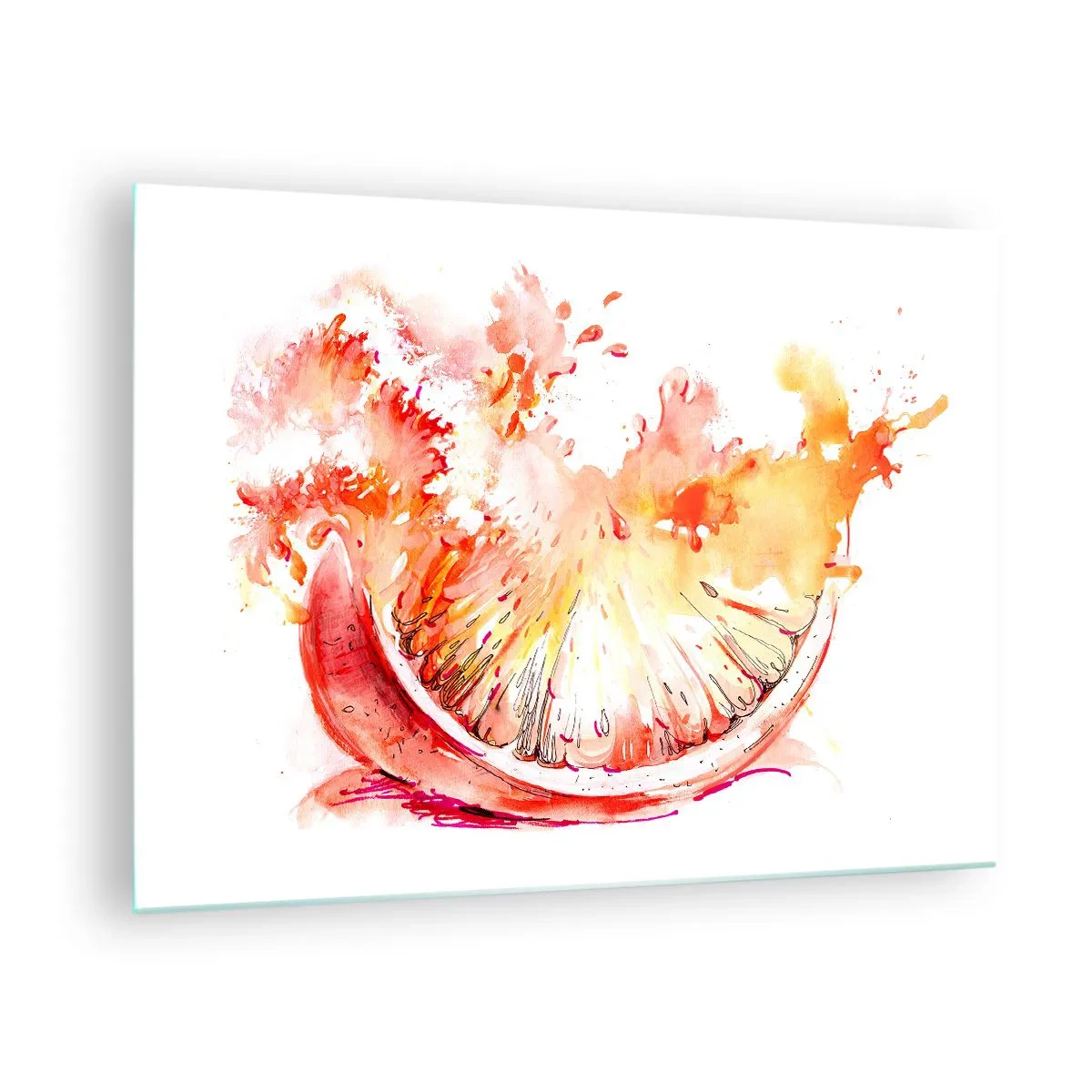 Tablou pe sticlă - Pictură în acuarelă a unui segment de grapefruit suculent în mișcare - 70x50cm - Răcoritoare suculentă - Decorațiune modernă pentru perete pentru living și dormitor ARTTOR
