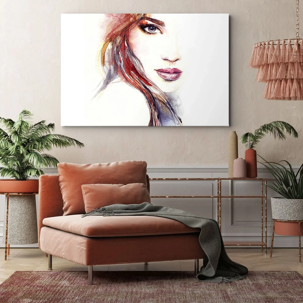 Tablou pe pânză Canvas - O acuarelă subtilă a chipului unei femei cu o privire expresivă. - 70x50cm - Vademecum - urmărește-mă - Decorațiune modernă pentru perete pentru living și dormitor ARTTOR