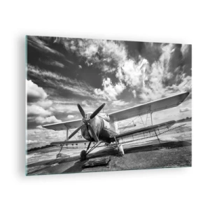 Tablou pe sticlă - Fotografie alb-negru a unui biplan clasic - 70x50cm - Abia aștept! - Decorațiune modernă pentru perete pentru living și dormitor ARTTOR