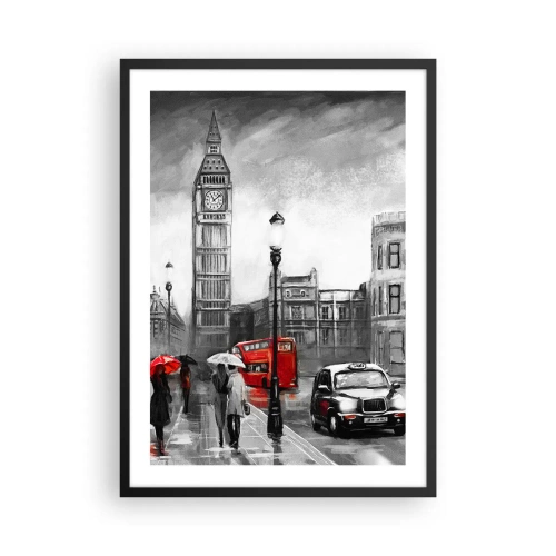 Poster în ramă neagră - Big Ben într-o zi ploioasă cu accente roșii - 50x70cm - Nu este deloc un oraș gri - Decorațiune modernă pentru perete pentru living și dormitor ARTTOR