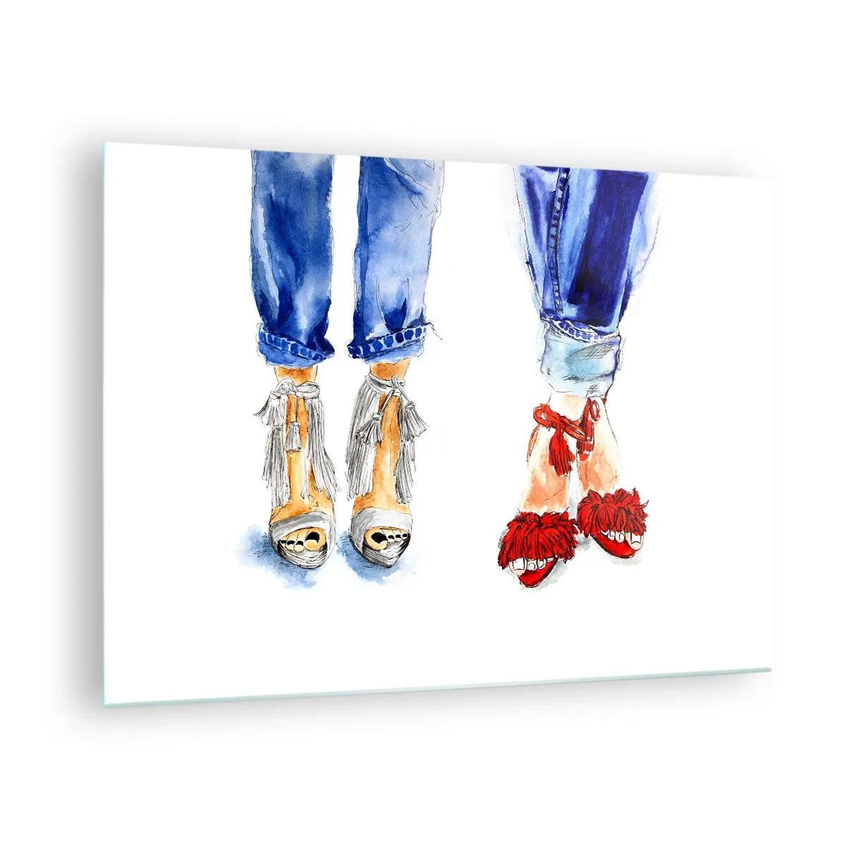 Tablou pe sticlă - Doi pantofi eleganți pe fundalul blugilor - 70x50cm - De ce nu mergem la o plimbare? - Decorațiune modernă pentru perete pentru living și dormitor ARTTOR