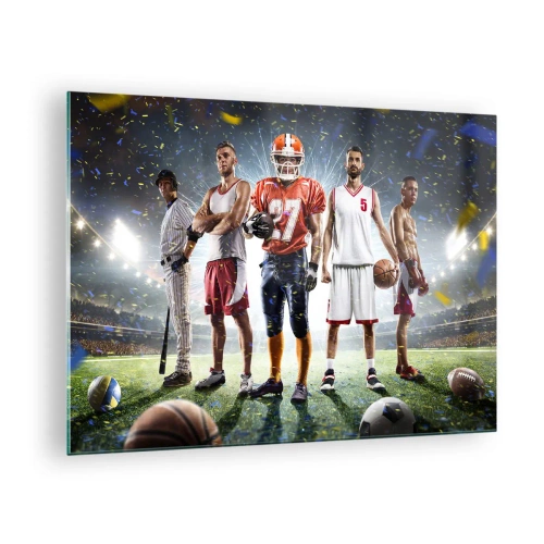 Tablou pe sticlă - Sportivi de diverse discipline pe stadion, sub lumina reflectoarelor - 70x50cm - Gladiatori ai terenului de joc - Decorațiune modernă pentru perete pentru living și dormitor ARTTOR