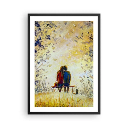 Poster în ramă neagră - Un cuplu stând pe o bancă în mijlocul culorilor toamnei la apus - 50x70cm - Un moment magic - Decorațiune modernă pentru perete pentru living și dormitor ARTTOR