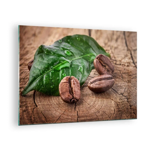 Tablou pe sticlă - Boabe de cafea pe un fundal de frunză și lemn - 70x50cm - Cea mai adevărată și închisă la culoare - Decorațiune modernă pentru perete pentru living și dormitor ARTTOR