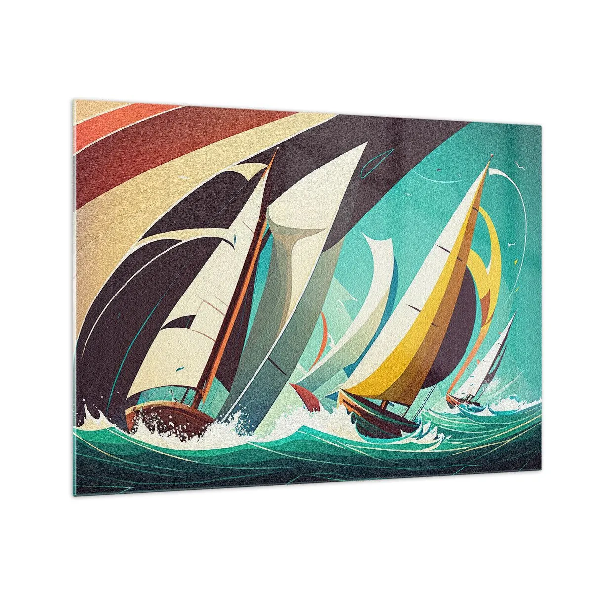 Tablou pe sticlă - Ilustrație în stil retro a unor bărci cu pânze într-o mare furtunoasă - 70x50cm - Voinici și învingători - Decorațiune modernă pentru perete pentru living și dormitor ARTTOR