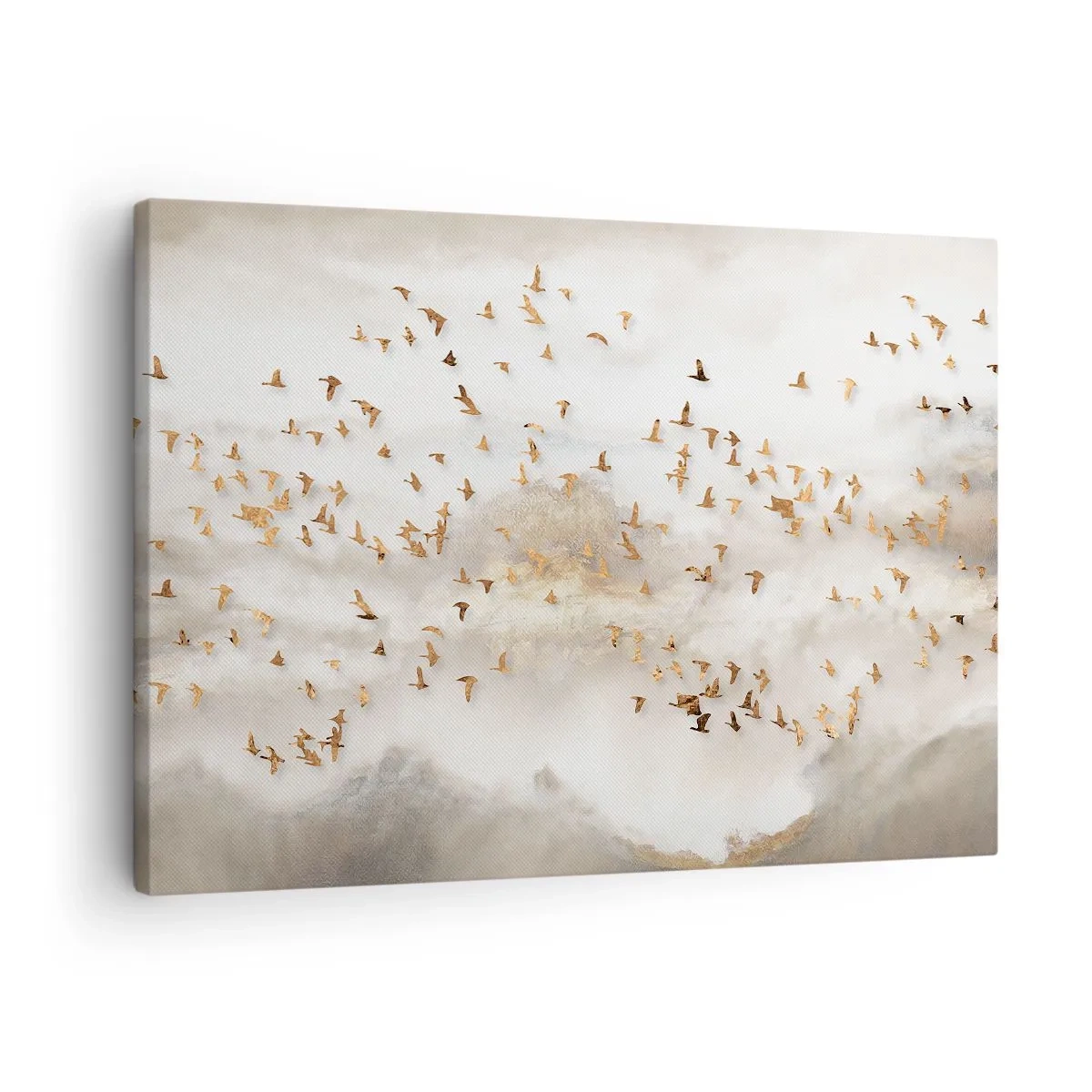 Tablou pe pânză Canvas - Păsări aurii pe fundalul munților încețoșați - 70x50cm - A sosit timpul... - Decorațiune modernă pentru perete pentru living și dormitor ARTTOR