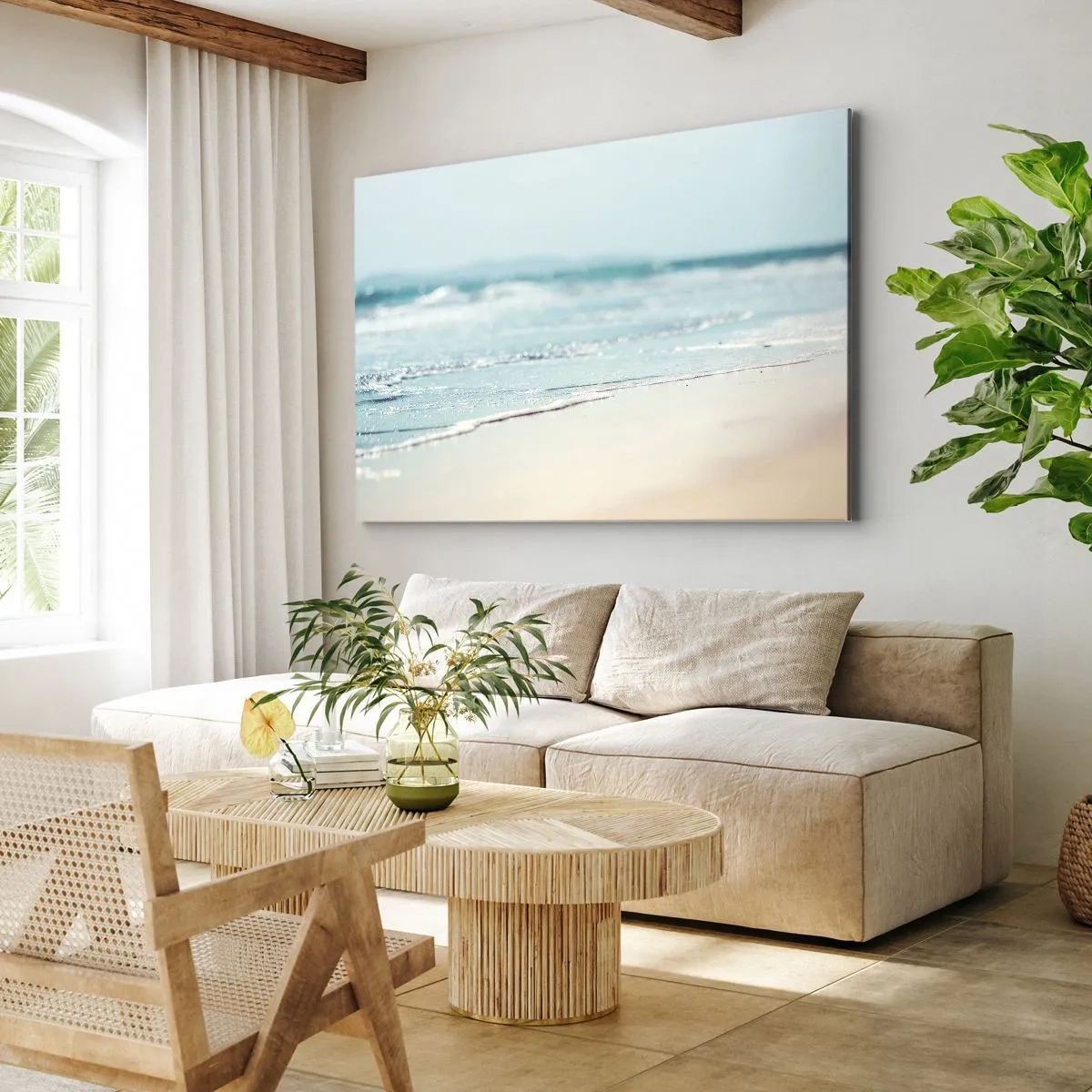 Tablou pe pânză Canvas - Valuri line ale oceanului pe o plajă nisipoasă - 70x50cm - Căldură și zgomotul valurilor - Decorațiune modernă pentru perete pentru living și dormitor ARTTOR