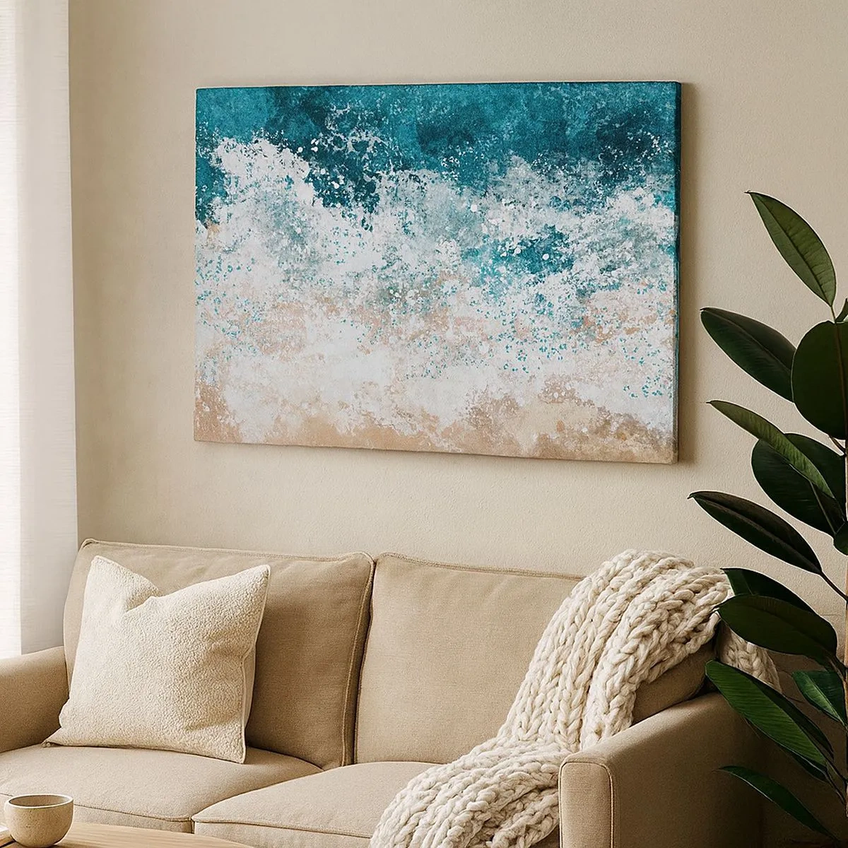 Tablou pe pânză Canvas - Valuri de mare abstracte în nuanțe de turcoaz și bej - 70x50cm - Povești despre mare - Decorațiune modernă pentru perete pentru living și dormitor ARTTOR