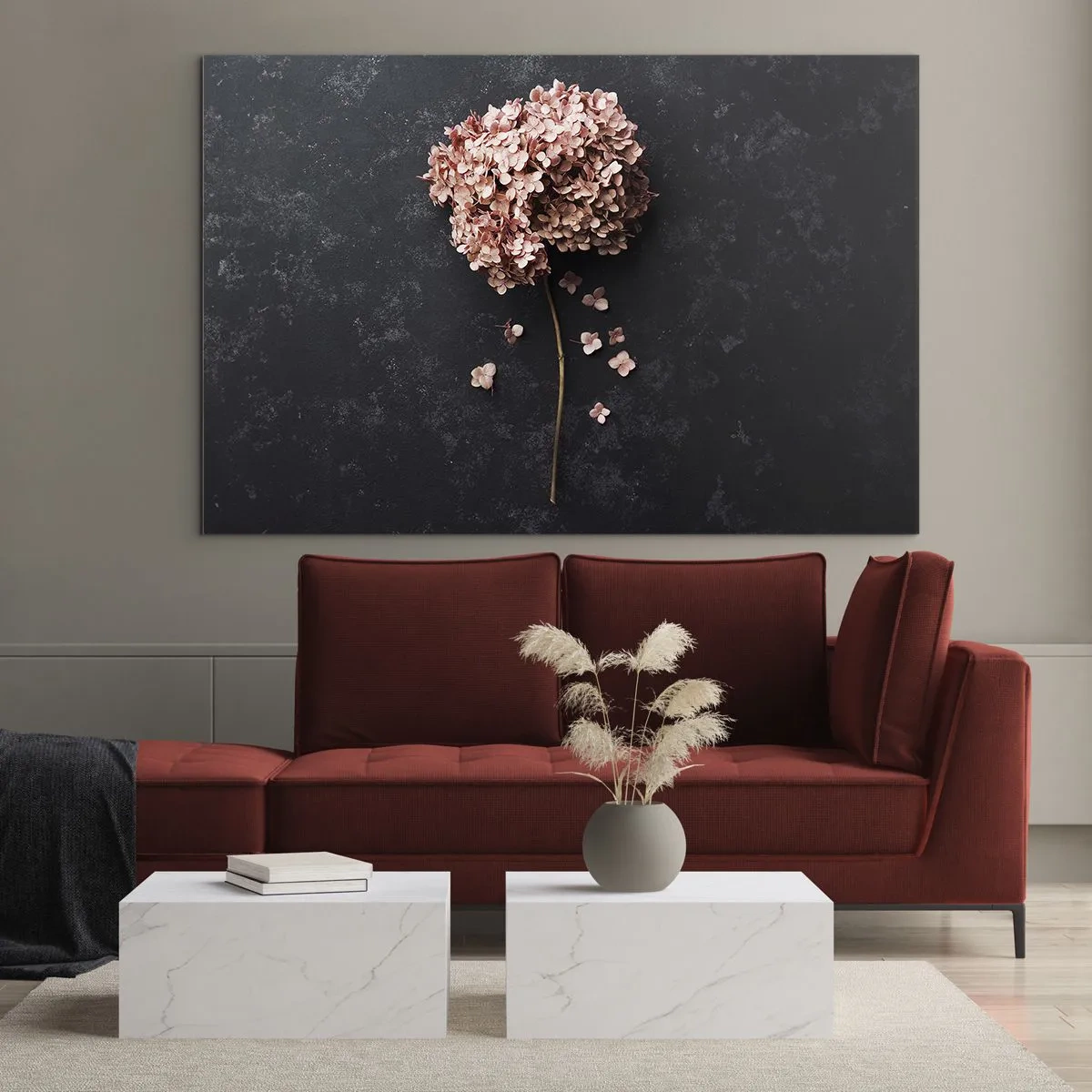 Tablou pe sticlă - Hortensie uscată cu petale împrăștiate pe un fundal întunecat - 70x50cm - Un semn cu adevărat romantic - Decorațiune modernă pentru perete pentru living și dormitor ARTTOR