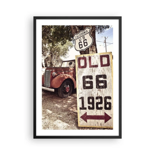 Poster în ramă neagră - Oldtimer la indicatorul Route 66 - 50x70cm - O legendă provincială americană - Decorațiune modernă pentru perete pentru living și dormitor ARTTOR