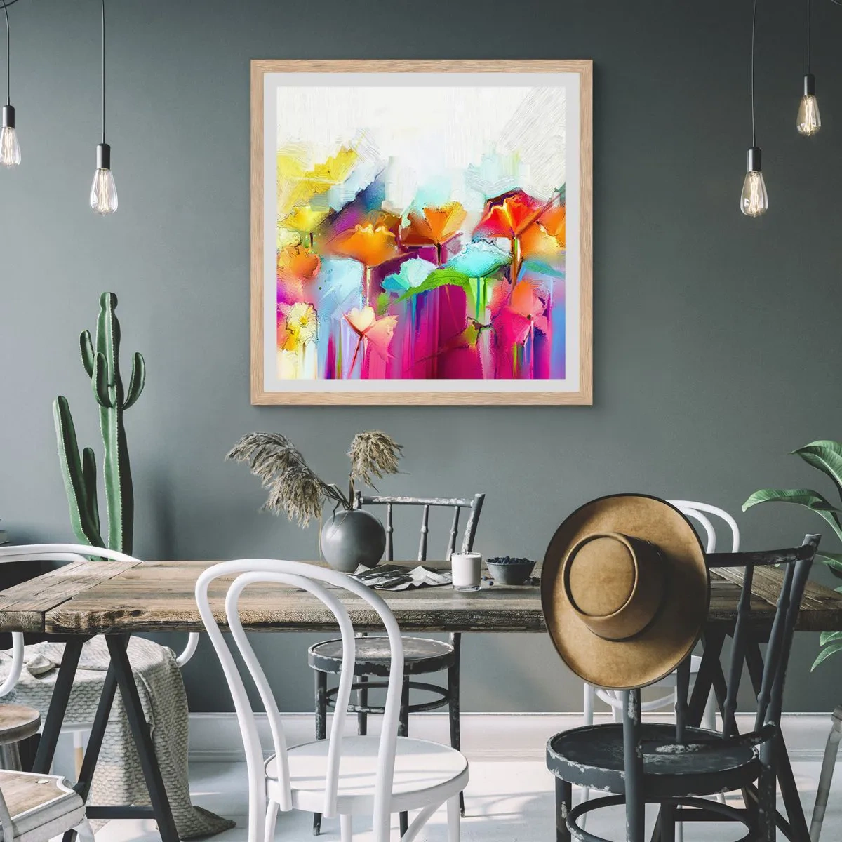 Poster în ramă de stejar deschis - Curcubeul înflorit - 40x40 cm