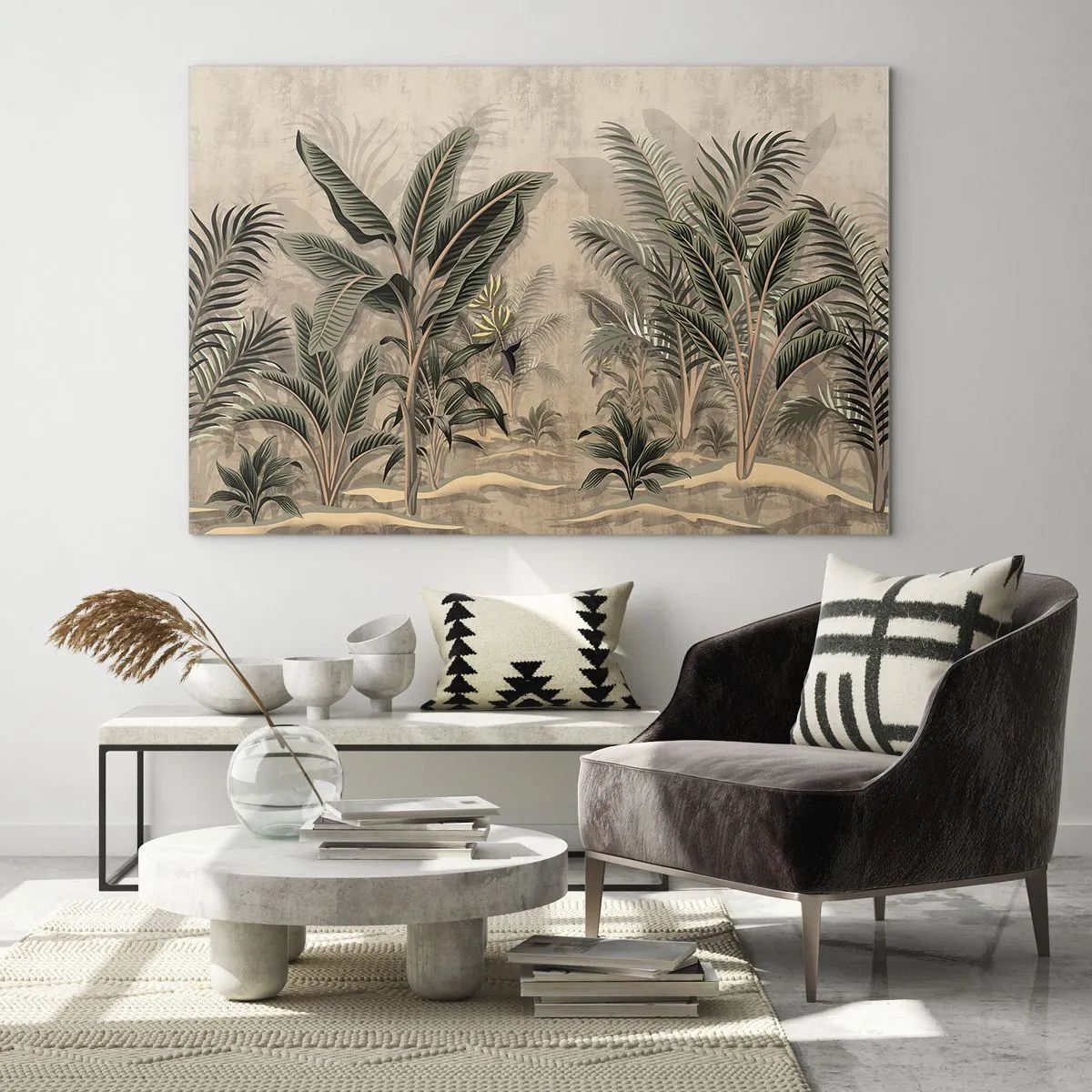 Tablou pe sticlă - Plante tropicale pe fundal bej în stil colonial - 70x50cm - Gravură în stil colonial - Decorațiune modernă pentru perete pentru living și dormitor ARTTOR