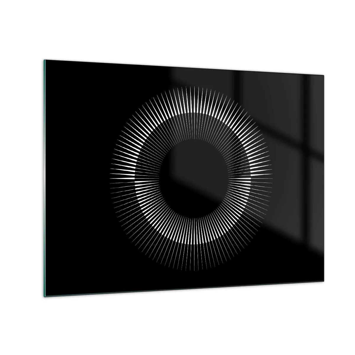Tablou pe sticlă - Raze albe formând un cerc pe un fundal negru - 70x50cm - Soarele Negru - Decorațiune modernă pentru perete pentru living și dormitor ARTTOR
