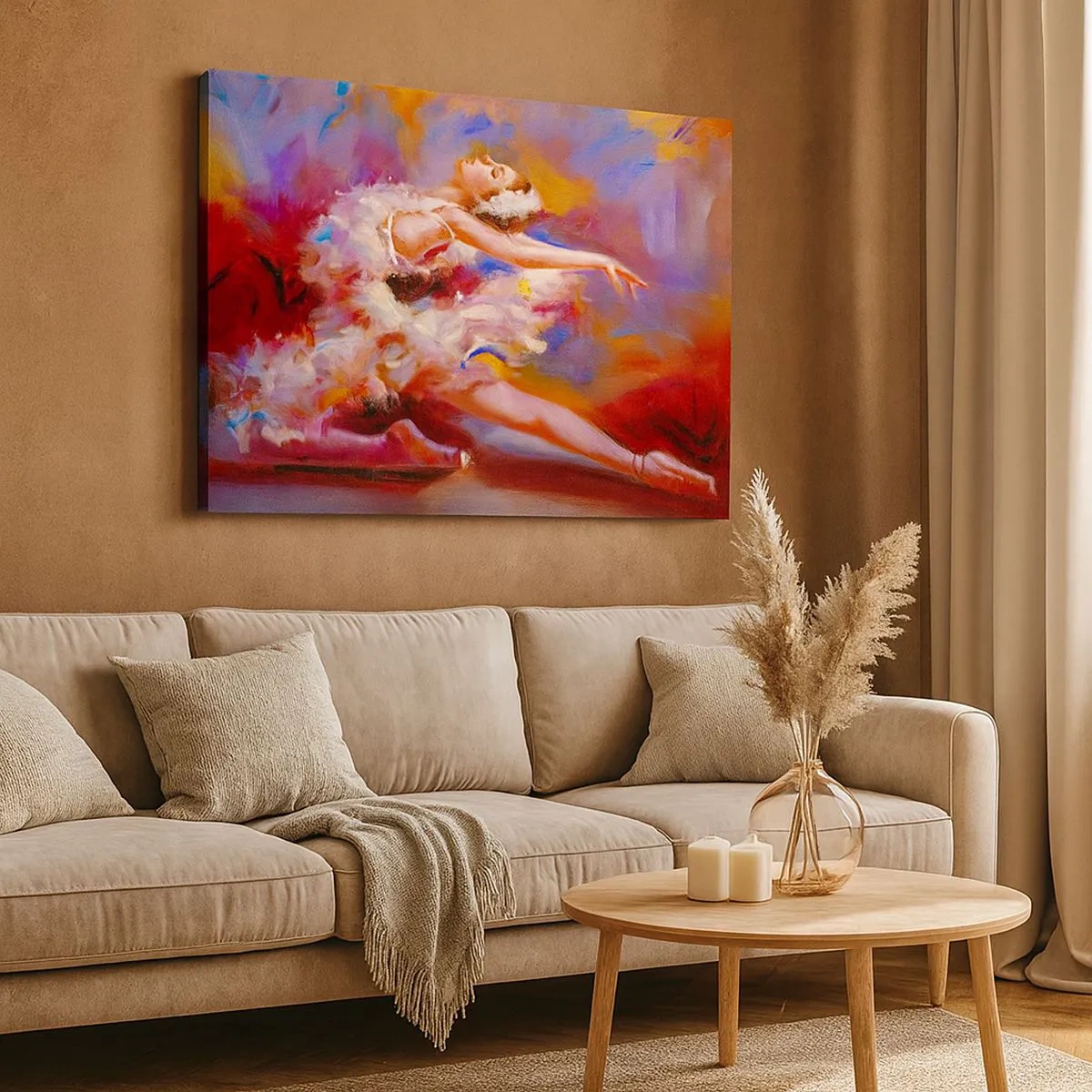 Tablou pe pânză Canvas - O balerină într-o poză dinamică printre culori pastelate. - 70x50cm - Harul lebedei - Decorațiune modernă pentru perete pentru living și dormitor ARTTOR