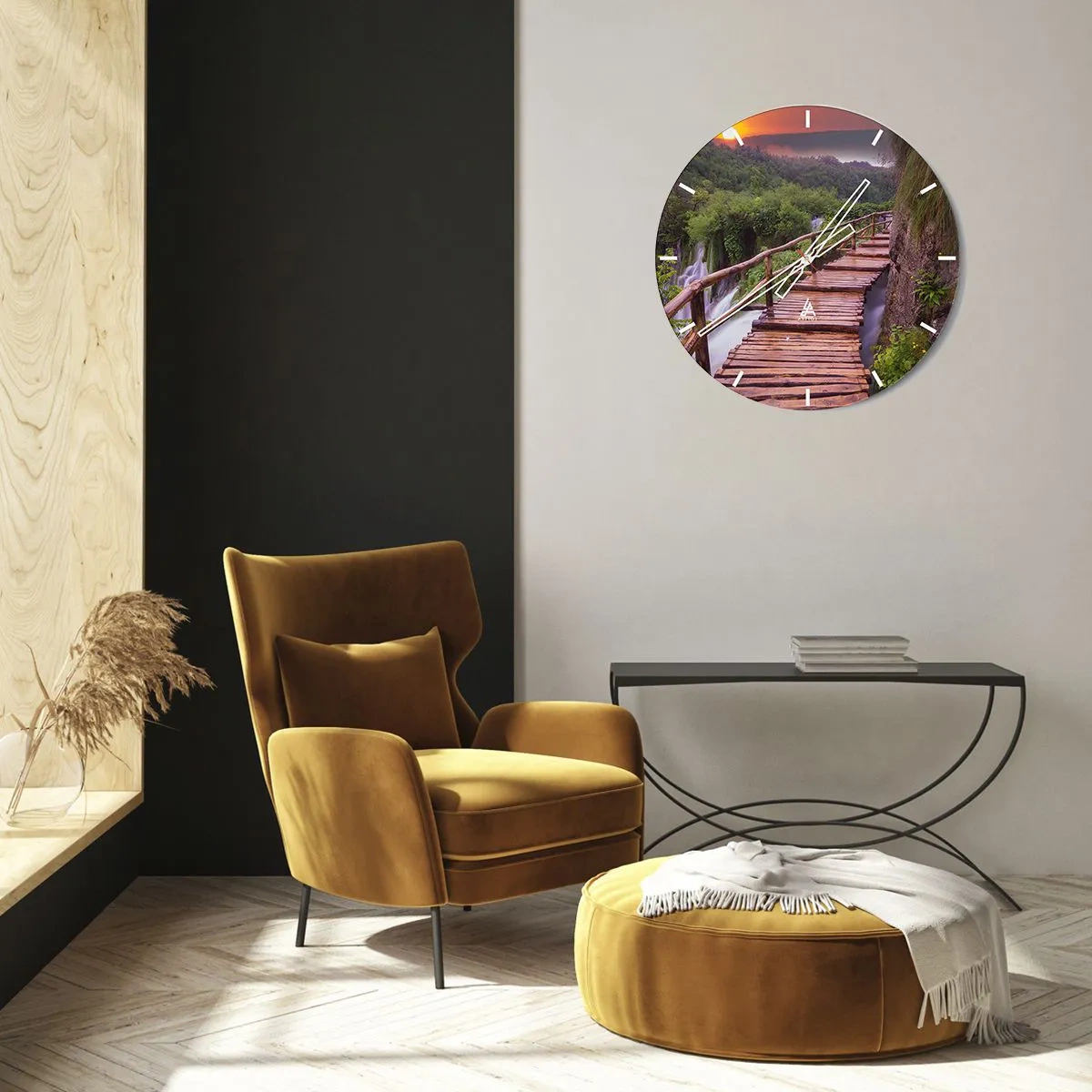 Ceas de perete - Ceas pe sticlă - Pod pietonal din lemn peste cascade în pădure la apus - 30x30cm - Frumusețe de necrezut - Decorațiune modernă pentru perete pentru living, bucătărie și dormitor ARTTOR