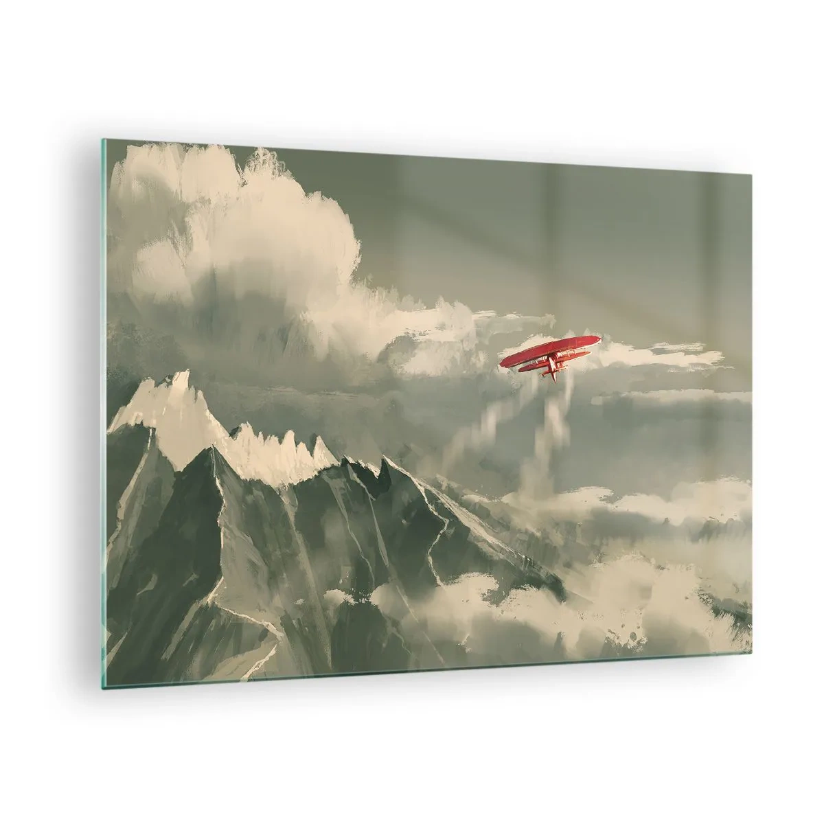 Tablou pe sticlă - Un avion roșu zboară peste munți acoperiți de zăpadă - 70x50cm - Un pionier neînfricat - Decorațiune modernă pentru perete pentru living și dormitor ARTTOR