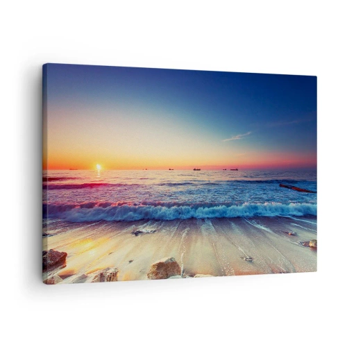 Tablou pe pânză Canvas - Apus de soare peste o mare calmă cu valuri - 70x50cm - Și ce este dincolo de orizont? - Decorațiune modernă pentru perete pentru living și dormitor ARTTOR