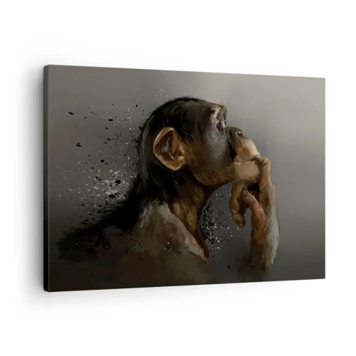 Tablou pe pânză Canvas - Portretul unei maimuțe într-o poză reflexivă pe un fundal gri - 70x50cm - Cu siguranță, gânditorul - Decorațiune modernă pentru perete pentru living și dormitor ARTTOR