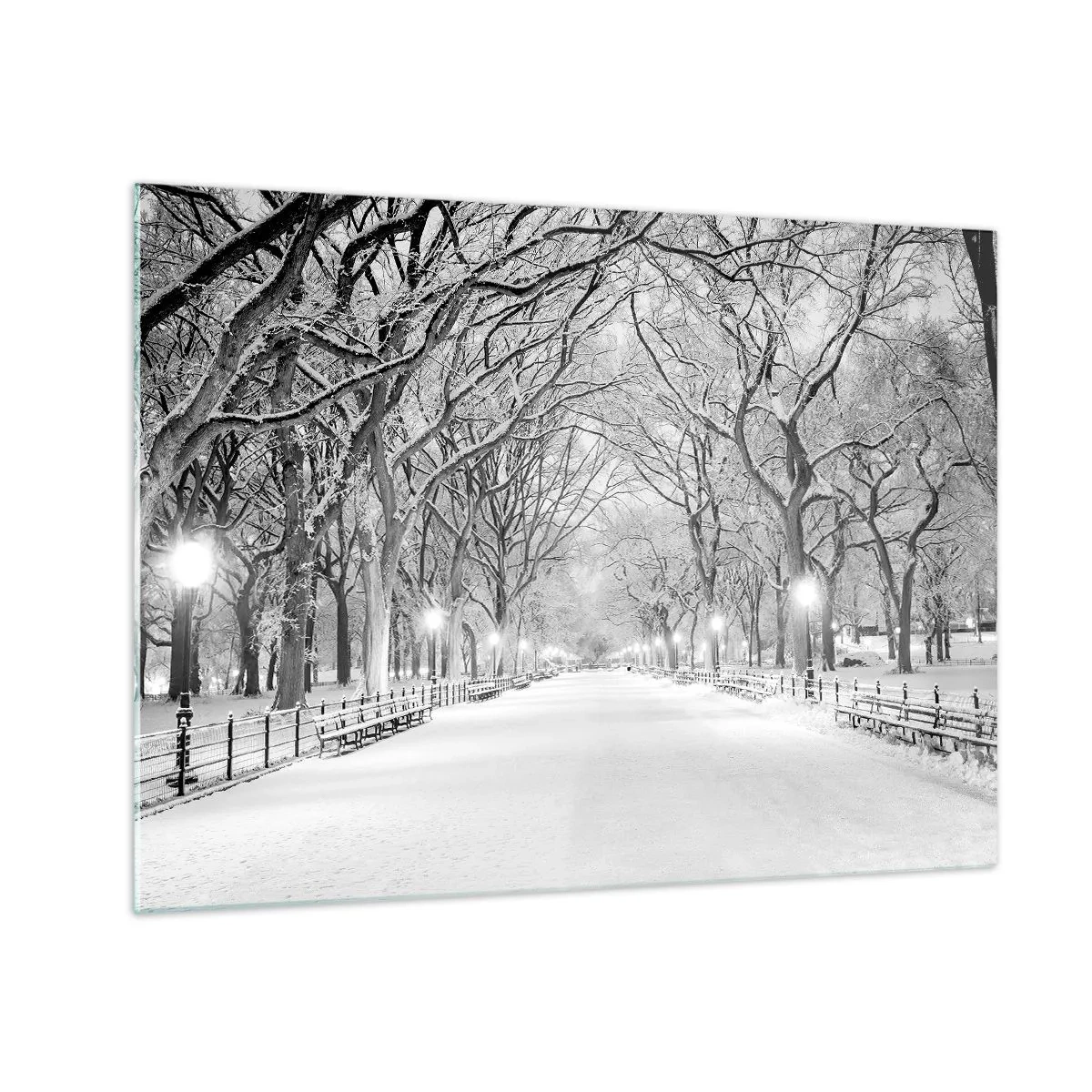 Tablou pe sticlă - Alee de copaci de iarnă în parc cu lumini și zăpadă - 70x50cm - Cele patru anotimpuri – iarna - Decorațiune modernă pentru perete pentru living și dormitor ARTTOR