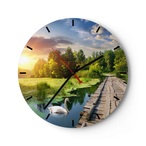 Ceas de perete - Ceas pe sticlă - Debarcader de lemn peste un lac la apus cu o lebădă - 30x30cm - Vară, vară peste tot - Decorațiune modernă pentru perete pentru living, bucătărie și dormitor ARTTOR
