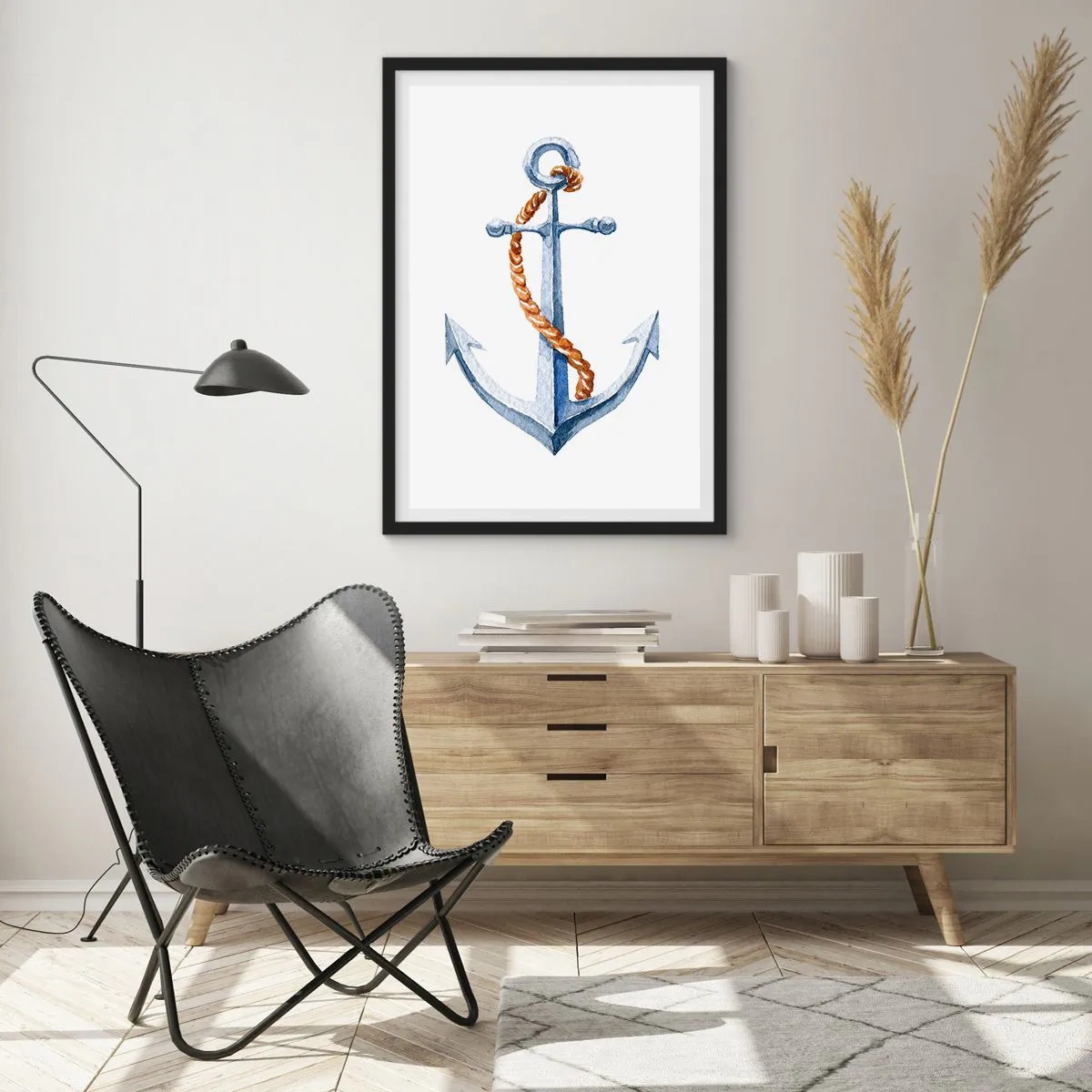 Poster în ramă neagră - Ancoră cu frânghie în stil acuarelă - 50x70cm - Ahoy aventura! - Decorațiune modernă pentru perete pentru living și dormitor ARTTOR