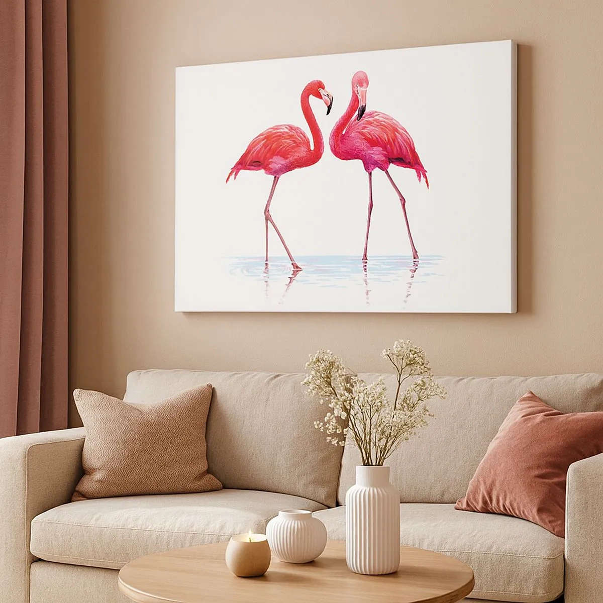 Tablou pe pânză Canvas - O pereche de flamingo în apă pe un fundal luminos - 70x50cm - Pink randez-vous - Decorațiune modernă pentru perete pentru living și dormitor ARTTOR