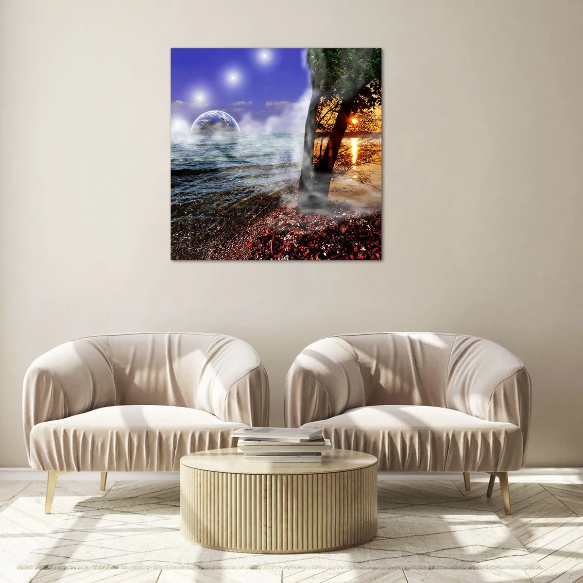 Tablou pe sticlă - Peisaj suprarealist - unitatea naturii - 70x70 cm