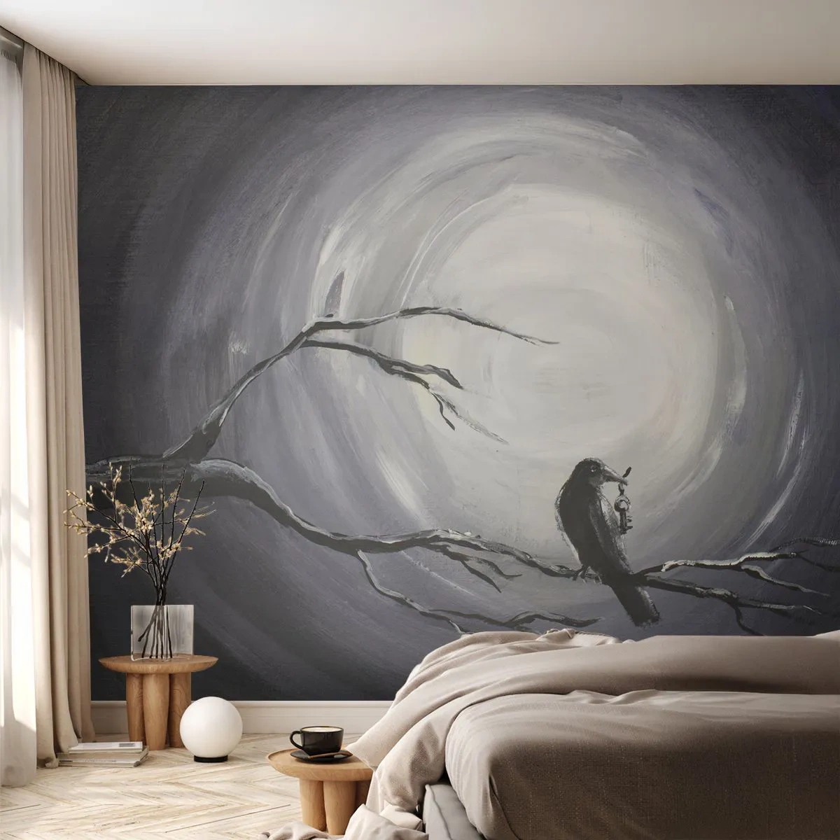 Tapet Standard Eco - Pasăre misterioasă în lumina lunii - 100x70cm - Cheia pentru misterul nopții - Decorațiune modernă pentru perete pentru living și dormitor ARTTOR