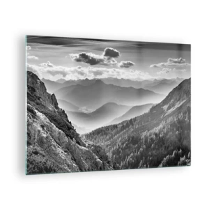 Tablou pe sticlă - Panoramă montană alb-negru cu vedere la vale - 70x50cm - Dincolo de orizont - Decorațiune modernă pentru perete pentru living și dormitor ARTTOR