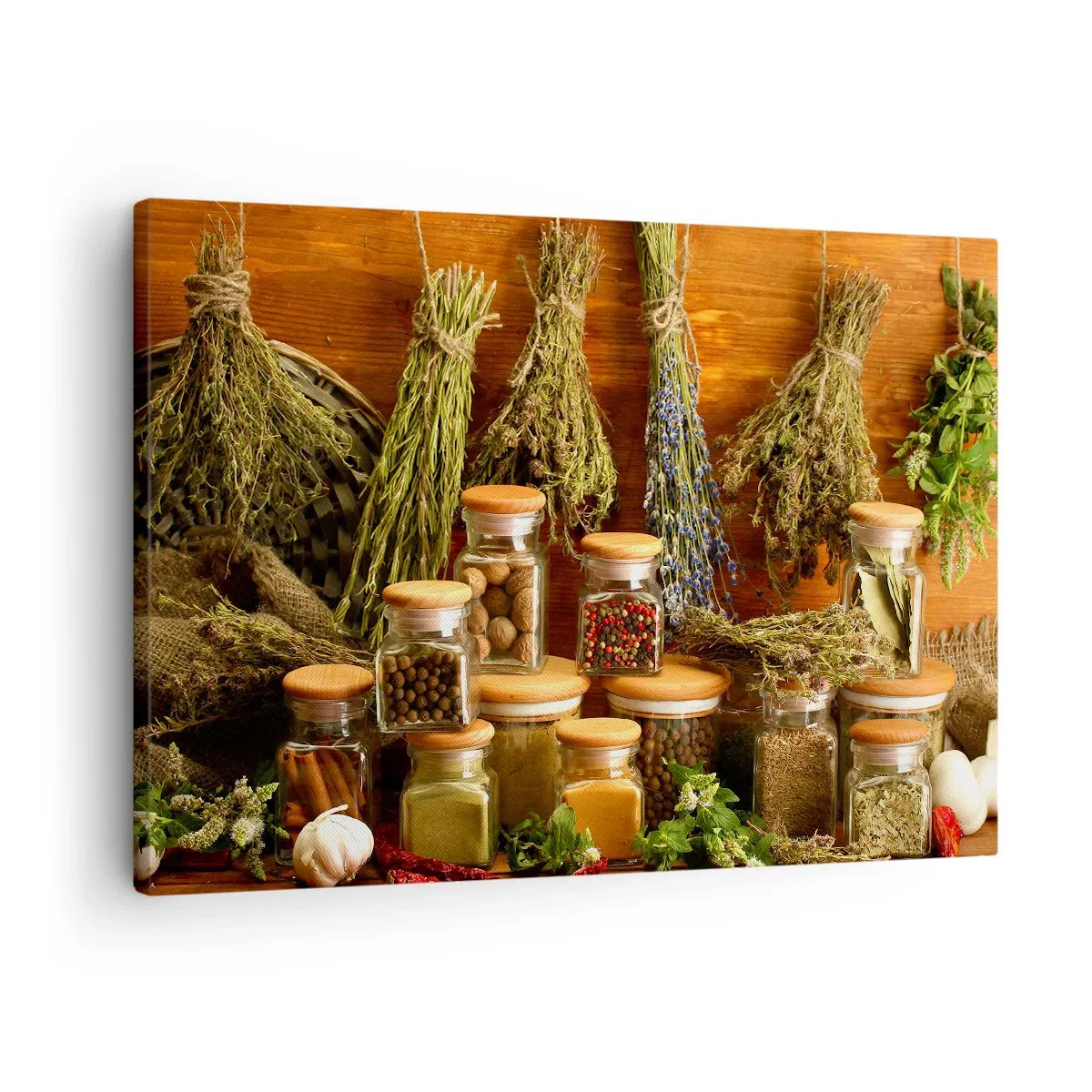 Tablou pe pânză Canvas - Ierburi și condimente în borcane pe un fundal rustic - 70x50cm - Vrăjitorie de bucătărie - Decorațiune modernă pentru perete pentru living și dormitor ARTTOR