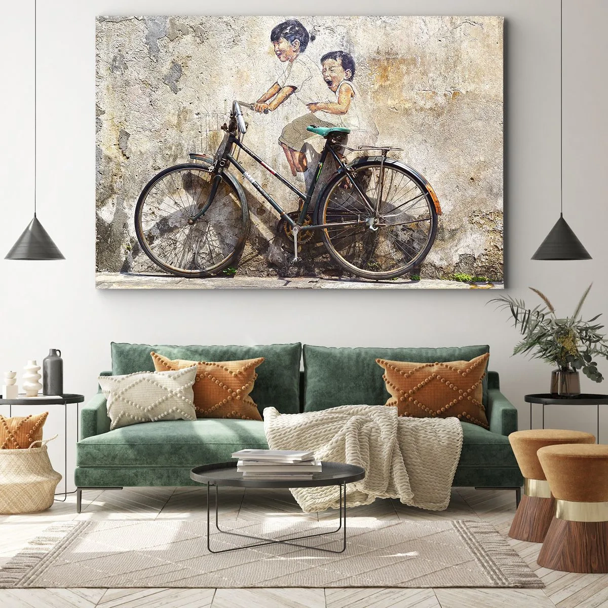 Tablou pe pânză Canvas - Artă stradală cu o bicicletă și desene pentru copii pe perete - 70x50cm - Adevărat sau fals? - Decorațiune modernă pentru perete pentru living și dormitor ARTTOR