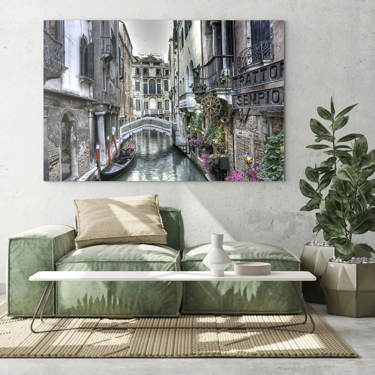 Tablou pe sticlă - Vedere romantică a unui canal venețian cu o gondolă - 70x50cm - Timp de secole în reverie tăcută - Decorațiune modernă pentru perete pentru living și dormitor ARTTOR