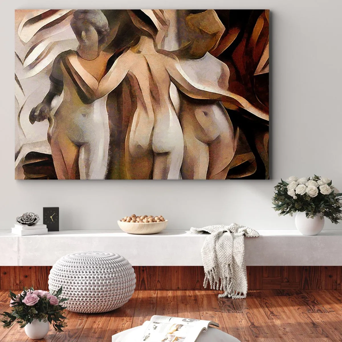 Tablou pe pânză Canvas - O scenă abstractă cu trei figuri în culori calde. - 70x50cm - Trei Grații 2.0 - Decorațiune modernă pentru perete pentru living și dormitor ARTTOR