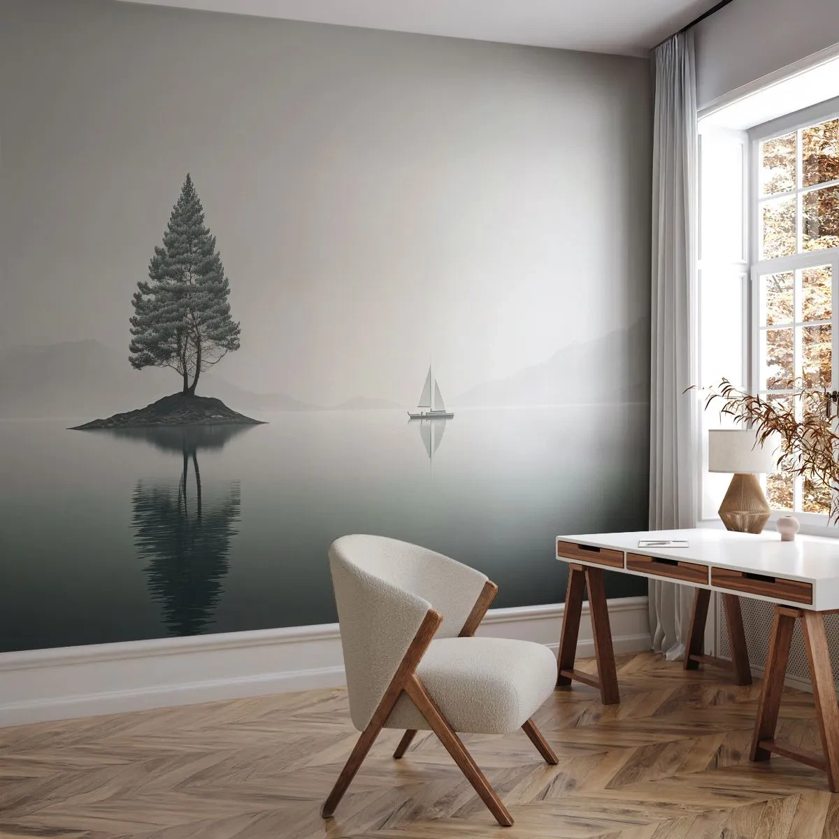 Tapet Premium Sand - Visând cu ochii deschiși - Calm, Barcă cu pânze, Lac - 100x70 cm