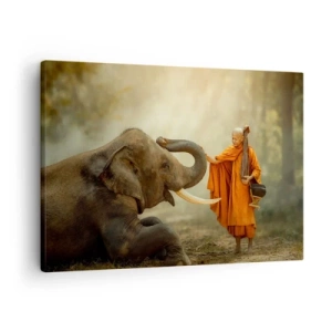 Tablou pe pânză Canvas - Un călugăr și un elefant în armonie pe fundalul naturii - 70x50cm - Întâlnire în călătorie - Decorațiune modernă pentru perete pentru living și dormitor ARTTOR