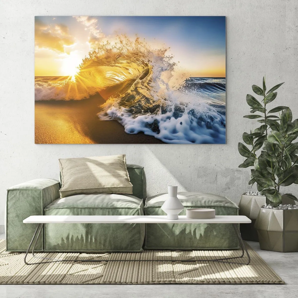 Tablou pe sticlă - Un val care se izbește de țărm, luminat de razele soarelui care apune - 70x50cm - Joc în nisip - Decorațiune modernă pentru perete pentru living și dormitor ARTTOR