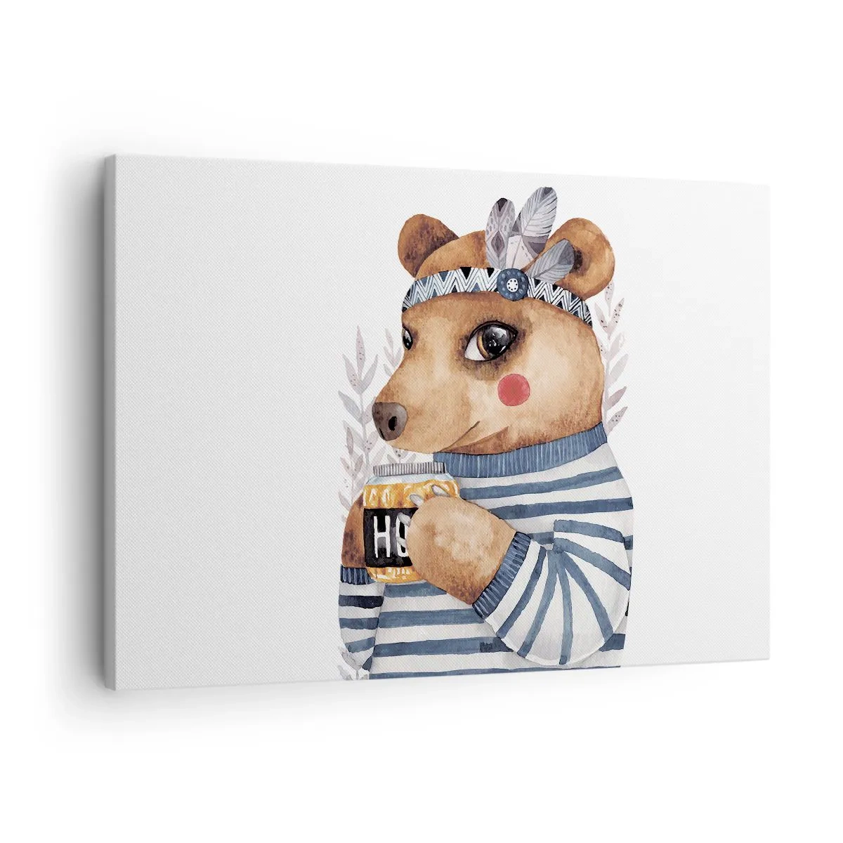 Tablou pe pânză Canvas - Un ursuleț de pluș într-un pulover cu dungi și o cană de miere - 70x50cm - Ursoaică dulce - Decorațiune modernă pentru perete pentru living și dormitor ARTTOR