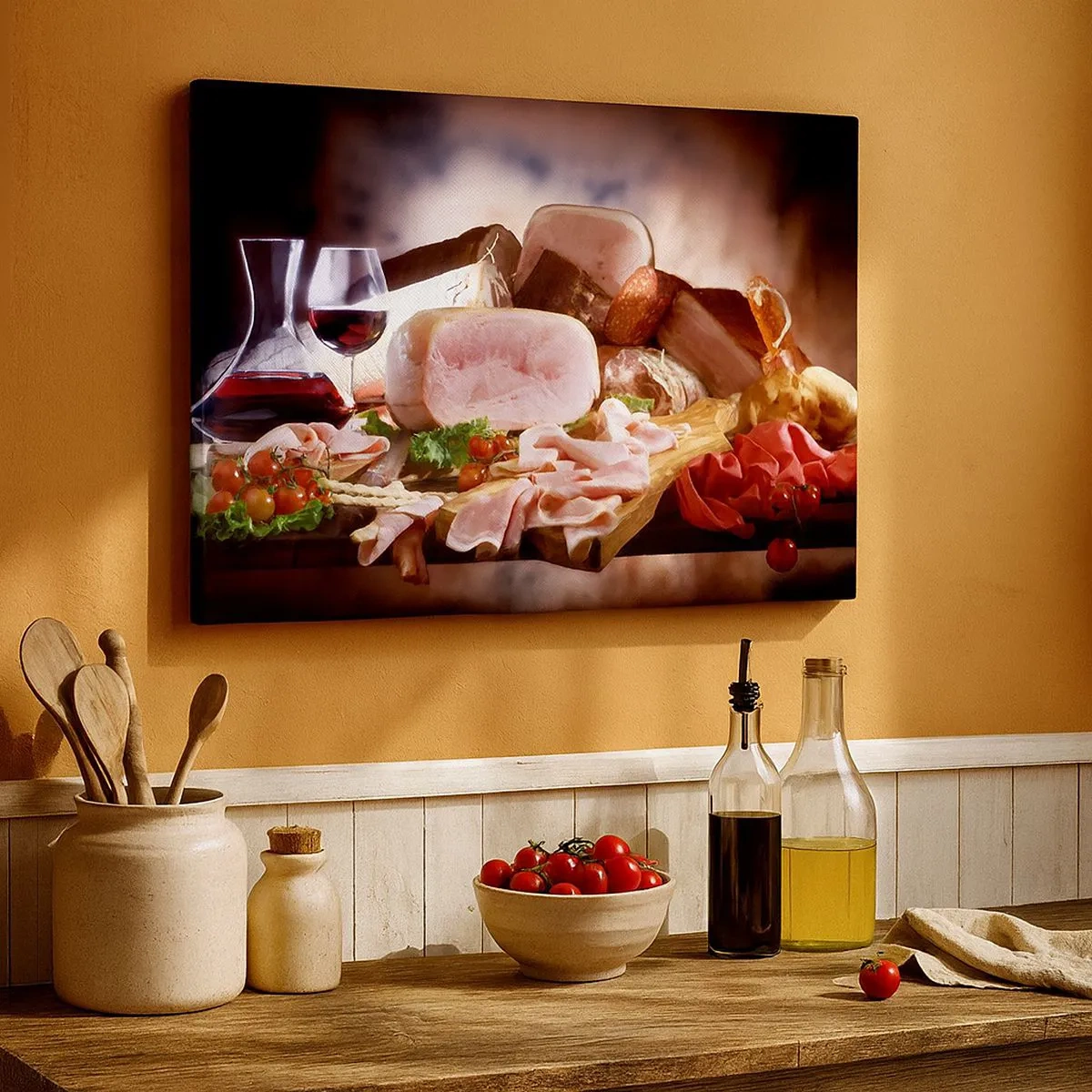 Tablou pe pânză Canvas - Mezeluri cu vin pe fundal rustic - 70x50cm - Un vis culinar cu o carafă - Decorațiune modernă pentru perete pentru living și dormitor ARTTOR