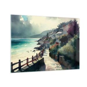 Tablou pe sticlă - O promenadă de pe malul mării cu case colorate și apă - 70x50cm - Orășel mediteraneean - Decorațiune modernă pentru perete pentru living și dormitor ARTTOR