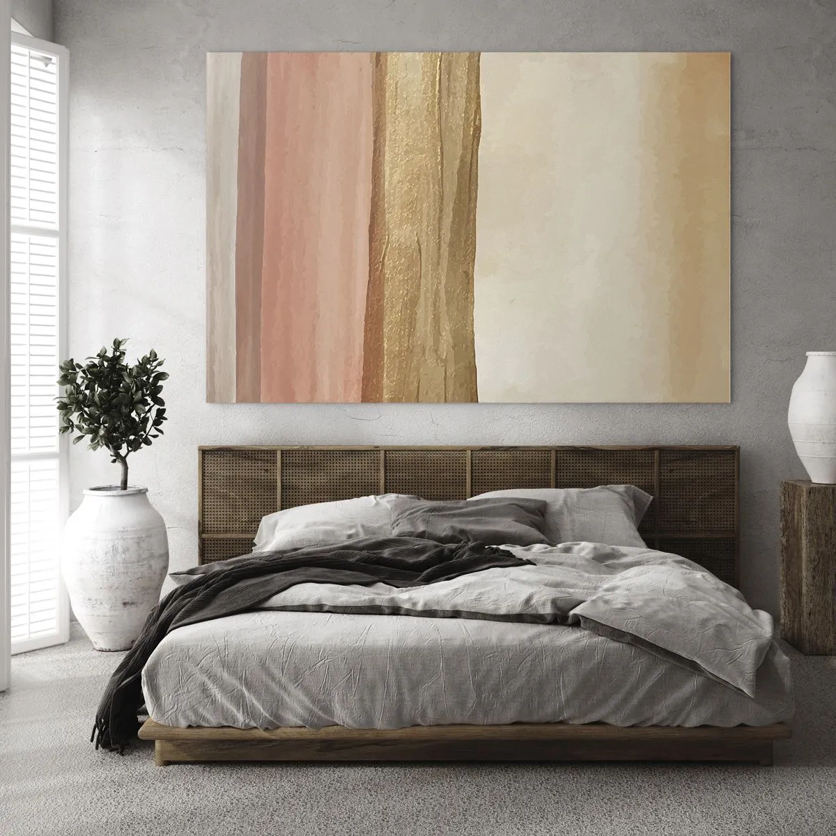 Tablou pe sticlă - Dungi abstracte în nuanțe calde de bej și auriu - 70x50cm - Compoziție verticală - Decorațiune modernă pentru perete pentru living și dormitor ARTTOR